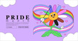 Cheerful cute character with rainbow lgbtq and transgender flag celebrate pride month or day vector flat illustration. LGBTQ social media banner or post template, greeting card on purple background.