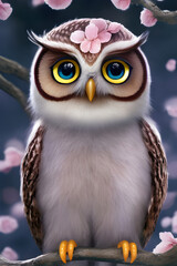 illustration of a cute owl with big eyes in the spring landscape in the background, during the cherry blossoms, generative ai	