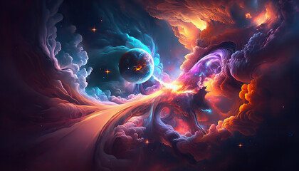 Abstract space core fantasy background with planet and glowing sky background. AI generative image.