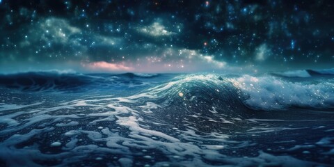 Otherworldly milky way midnight sky over deep blue sea, bright stars, vivid nebula cloud colors, peaceful twilight hour at the ocean shore- generative AI