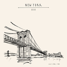 Vector New York, USA Postcard. Hand Drawn Vintage NY Touristic Poster. Brooklyn Bridge. Travel Sketch. Artistic Vintage Hand Drawing, Greeting Card, Art Print
