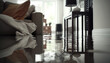 © vlntn - Flooding in the house interior, insurance case. Flood background with copy space. AI generative image.