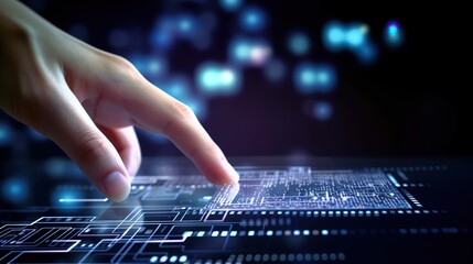 Illustration of finger touching panel with digital buttons on screen. Cyber futuristic workflow. Modern technologies concept. Abstract blue background. AI generative image.