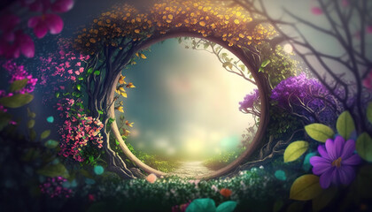 Wall Mural - Beautiful enchanted landscape. Fantasy garden background. Magic meadow with spring blooming trees. Round floral frame with copy space in the middle. Fairy tale banner. AI generative image.