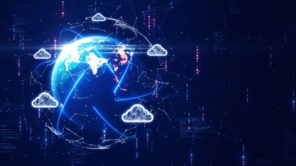 Poster - cloud and edge computing technology. Secure database storage is protected from unauthorized access and cyber threats. Polygons and interconnected global cloud network on dark blue background.