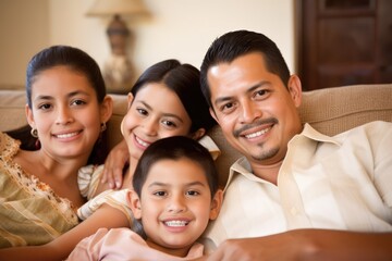 Wall Mural - Happy family portrait. Mom dad daughter and son smiling, close up. Generative AI