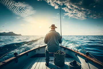 Man fish fishing in the ocean on a boat, lifestyle hobby fishing, father's day. Generative AI