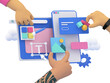 © Elena Sharipova - 3d hands building web page and application design, UI and UX and web design concept. Abstract  icons floating around the screen. 3d rendering illustration.
