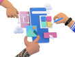 © Elena Sharipova - 3d hands building application design, UI and UX  design concept. Abstract  icons floating around the screen. 3d rendering illustration.