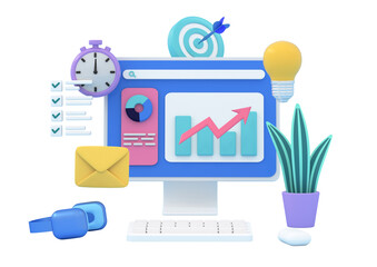 3d business idea achieving goals with project plan. SEO optimization, web analytics and marketing social media concept illustration. Strategy and planing icons floating around desktop. 3d rendering.