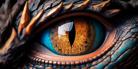 Wall Mural - Dragon eye. 3d render of close up lizard eye. Fantasy monster looking. Macro photography of creature. Realistic colorful eye of evil dinosaur beast. Macro of angry magical animal.Generative AI