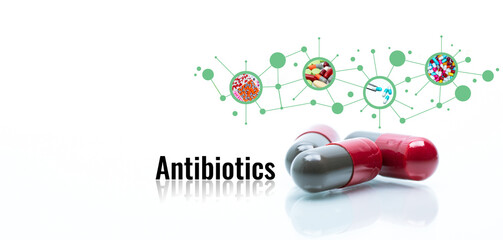 Sticker - Antibiotic drugs. Prescription drugs. Antibiotic capsule pills. Antibiotic drug selection. Antibiotic drug research and development. Pharmaceutical industry. Quality control in drug production. GMP.