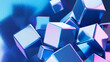 3D rendering of metallic cubes floating in reflective space, pink and blue neon colors