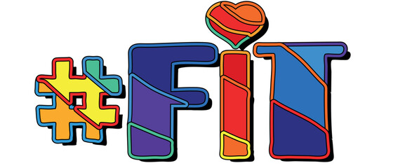 hashtag # fit and heart. set 2 in 1. bright funny cartoon color doodle isolated text. trendy popular