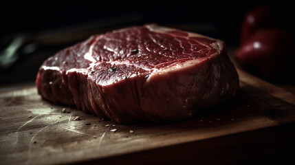 A succulent beef steak, grilled to perfection, showcasing its brown and red tones under natural light, Created with generative Ai Technology.