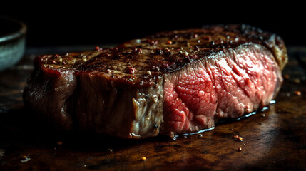 A succulent beef steak, grilled to perfection, showcasing its brown and red tones under natural light, Created with generative Ai Technology.