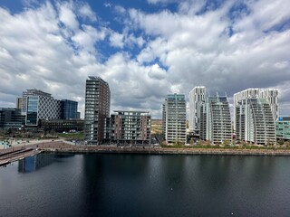 Poster - Aerial view of Mediacity UK in Salford Quays England. 