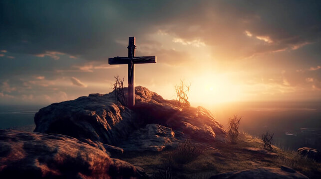 calvary sunset background for good friday he is risen; generative AI