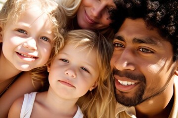 Wall Mural - Multiracial family portrait. Father mother and kid together. Generative AI