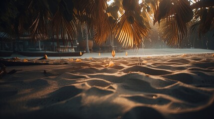 Tropical beach with palm trees and sand dunes at sunset,blue sea.Generative Ai