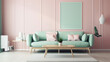 © The Picture House - Sofa in modern living room. Contemporary interior design of room with mint wall and wooden coffee table. Home interior with poster