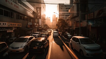 Sticker - A beautiful and dramatic panoramic photograph of the city skyline, taken on a golden evening after sunset. Generative Ai.