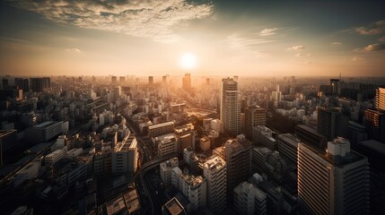 Sticker - A beautiful and dramatic panoramic photograph of the city skyline, taken on a golden evening after sunset. Generative Ai.