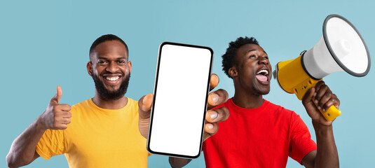 Wall Mural - black men making announcement with megaphone and showing blank smartphone