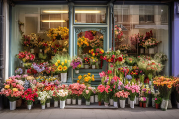 Flower shop storefront, with beautiful bouquets of flowers on display in the window