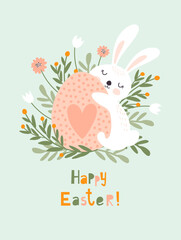 Wall Mural - Happy easter card with cute rabbit. Vector illustrations
