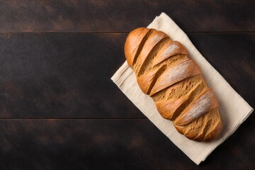 bread on table, delicious freshly baked bread resting on a kitchen towel on a black wooden table