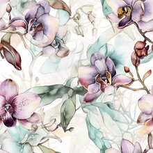 Whimsical Seamless Pattern With Orchid Flowers. Intricate Floral Background For Textile Fabric In Soft Pastel Colors. Generative AI