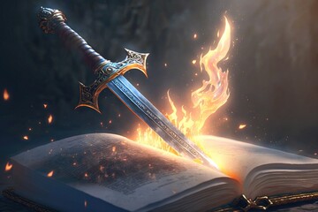 Wall Mural - The Bible Word of God Sword with Fire Effects the Gospel of Salvation Generative AI Illustration