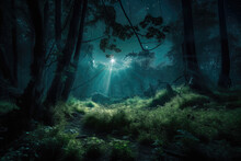 A Mystical Forest At Night, Illuminated By The Light Of A Full Moon