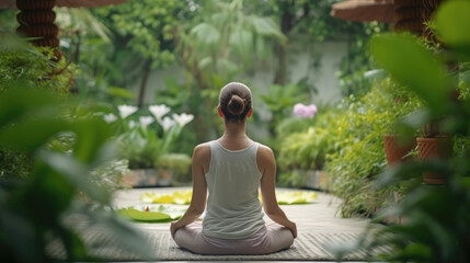 Wall Mural - Young woman meditating in garden. Generative AI