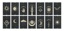 Set Of Magical Tarot Cards. Mystical Occult Illustrations, Bohemian Spiritual Astrology Templates, Witch Vector Illustration Collection. Prediction Of The Future.