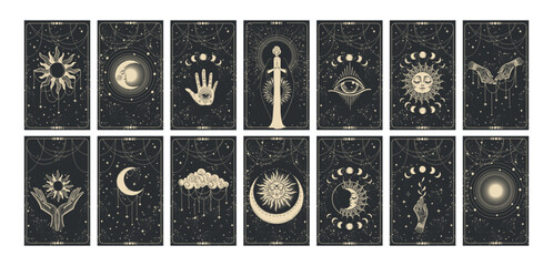 Wall Mural - Set of magical tarot cards. Mystical occult illustrations, bohemian spiritual astrology templates, witch vector illustration collection. Prediction of the future.
