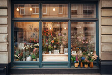Rustic Flower Shop Windows Displaying Beautiful Blooms - Generative AI
