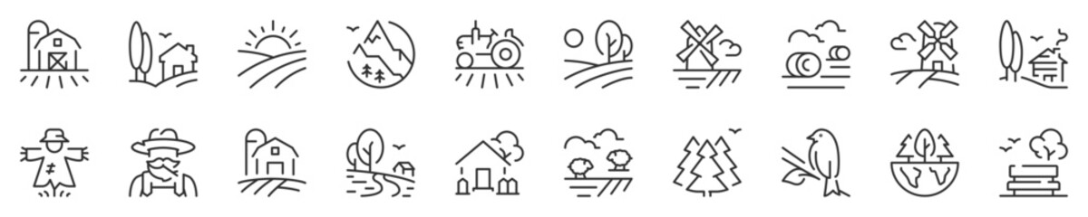 line icons about countryside and landscape. thin line icon set. symbol collection in transparent bac
