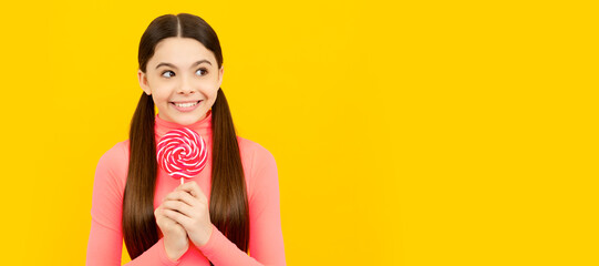 Canvas Print - i am so glad. sweet tooth. yummy. happy girl hold lollipop. Teenager child with sweets, poster banner header, copy space.