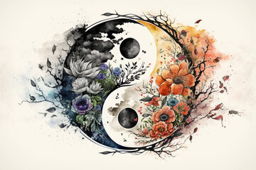 floral ying yang symbol, watercolor meditation and mindfullnes lifestyle concept art, spiritual awer