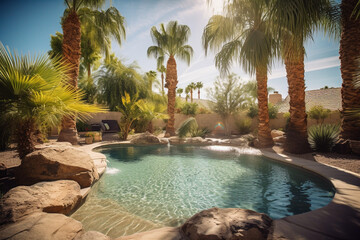 Wall Mural - summer time pool. beautiful desert landscaping, palm trees, generative ai 