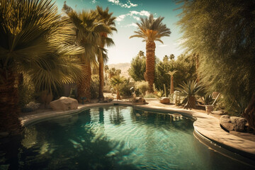 Wall Mural - summer time pool. beautiful desert landscaping, palm trees, generative ai 