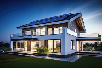 Solar panels on roof of the modern house, photovoltaic green renewable energy powered home, ecology, nature harmony