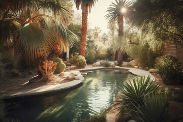 Wall Mural - summer time pool. beautiful desert landscaping, palm trees, generative ai 