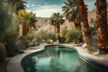 Wall Mural - summer time pool. beautiful desert landscaping, palm trees, generative ai 