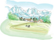 Dolomite Alps. Napure Background. Santa Maddalena village in front of the Geisler or Odle Dolomites Group, Italy, Europe. vector illustration for calendar, travel magazine, post cards