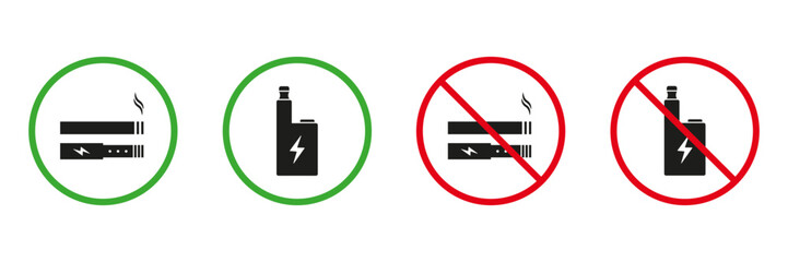 Electronic Cigarette Red and Green Warning Signs. Liquid Vaporizer Smoking Silhouette Icons Set. Allowed and Prohibited Vaping Area Pictogram. Isolated Vector Illustration