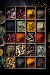 Wall Mural - Top view of different spices in wooden box. Generative AI vertical shot