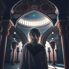 Wall Mural - Moslem Female prayer at Mosque. Generative AI